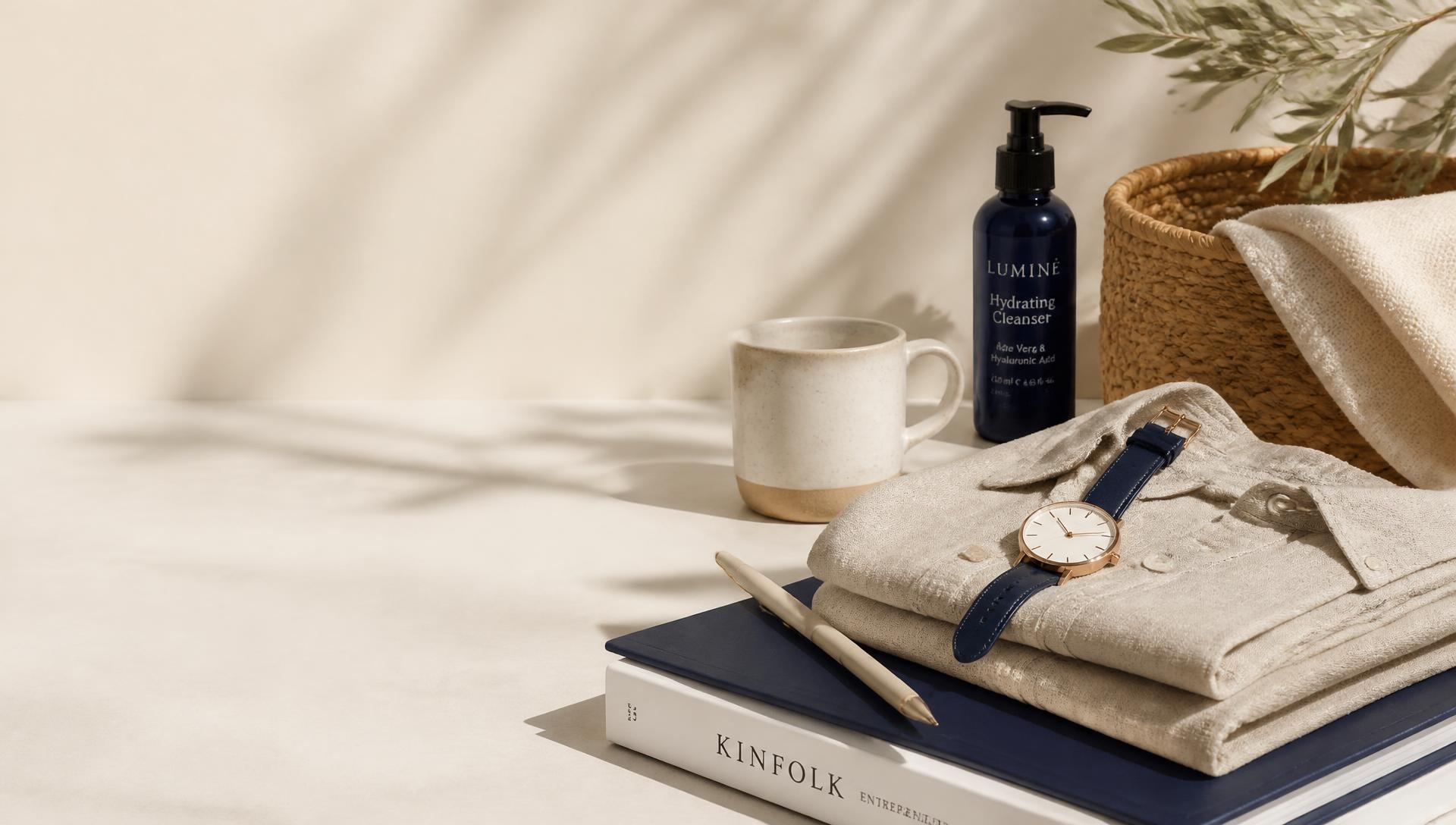 Everyday essentials from BHIMA arranged in warm natural light